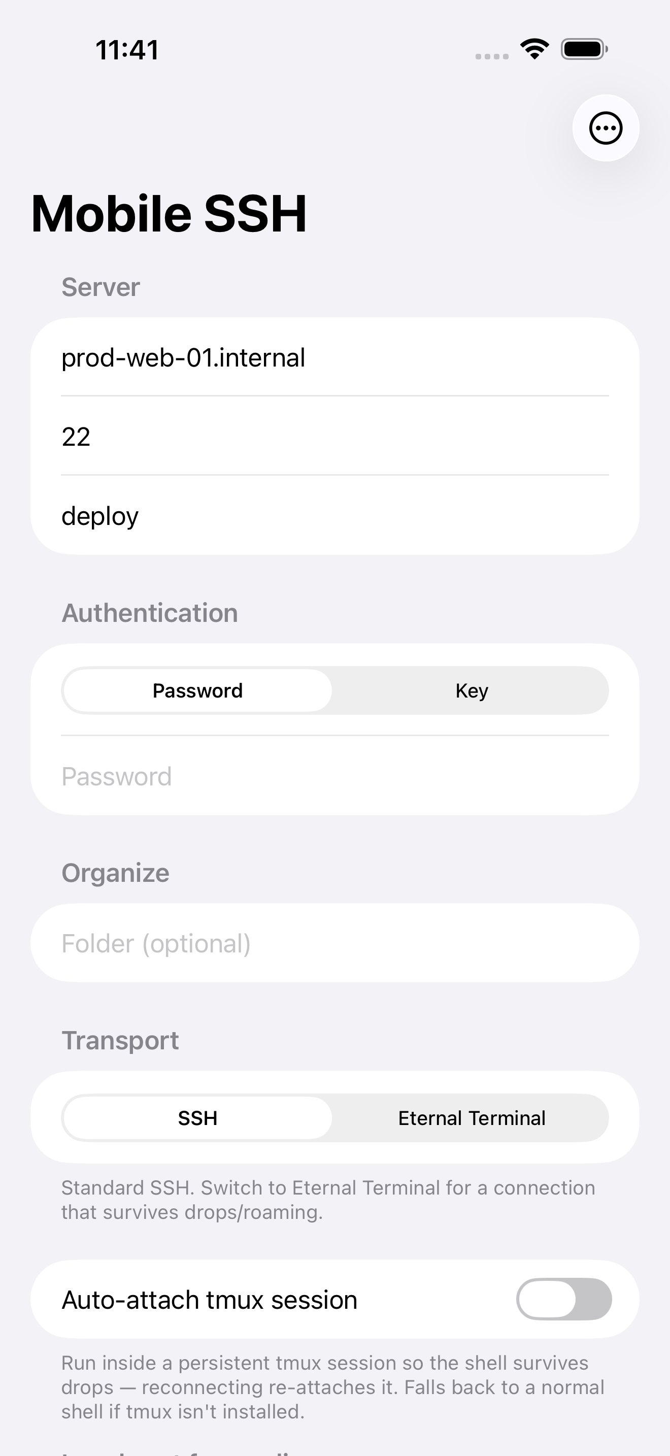 Mobile SSH connect form on an iPhone with server, authentication, folder, and transport fields.