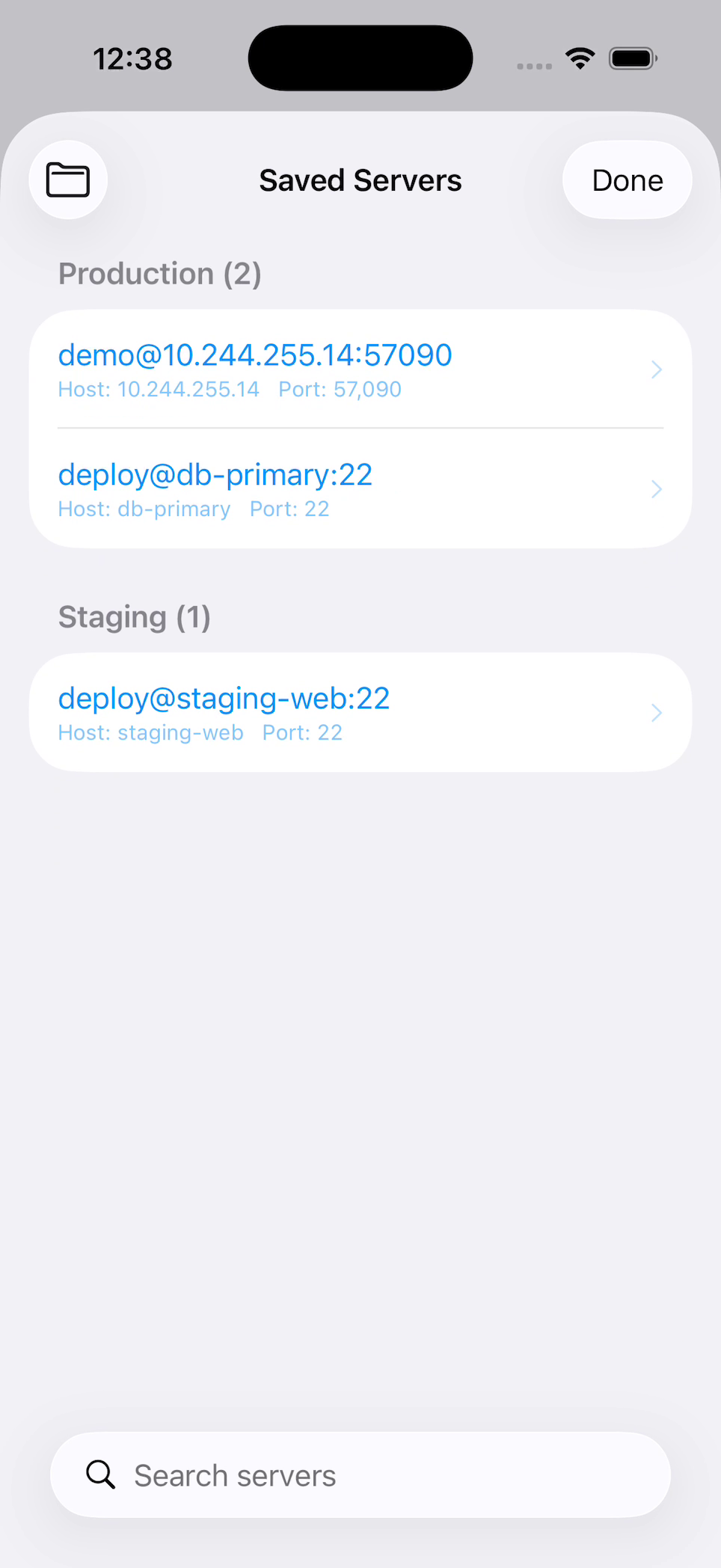 Saved Servers on an iPhone organized into Production and Staging groups with server search.