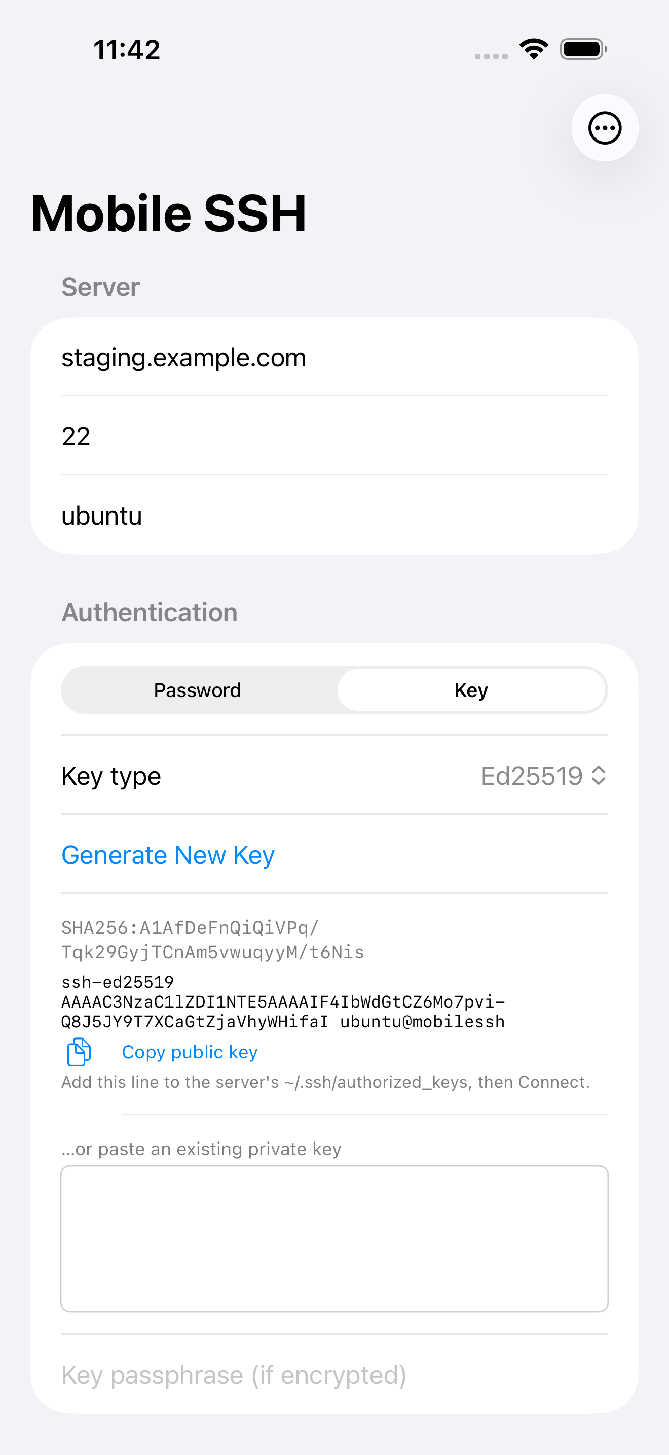 Key authentication on an iPhone with an Ed25519 key generated on device and a copyable public key.