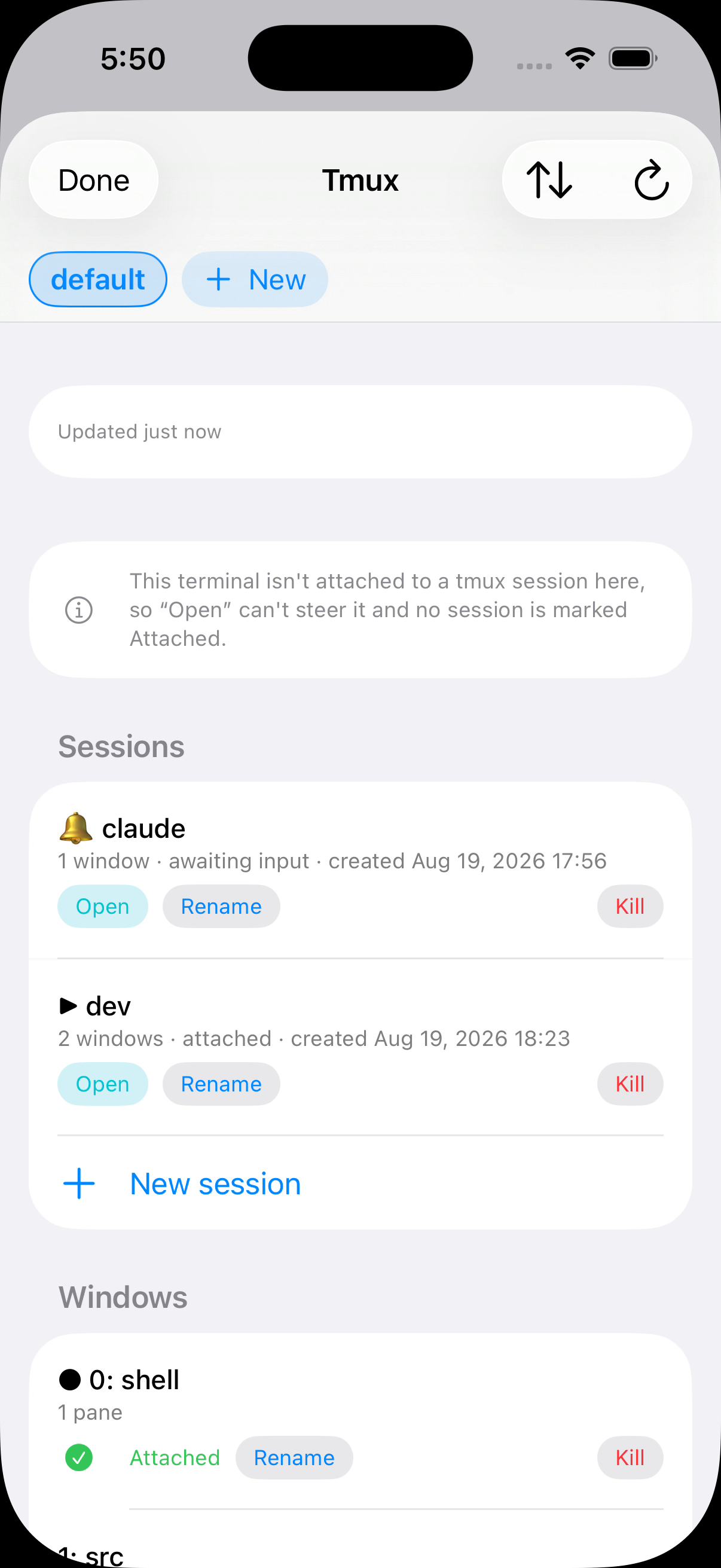 Tmux manager on an iPhone listing sessions and windows with attach, rename, and kill actions — a bell flags an agent awaiting input.