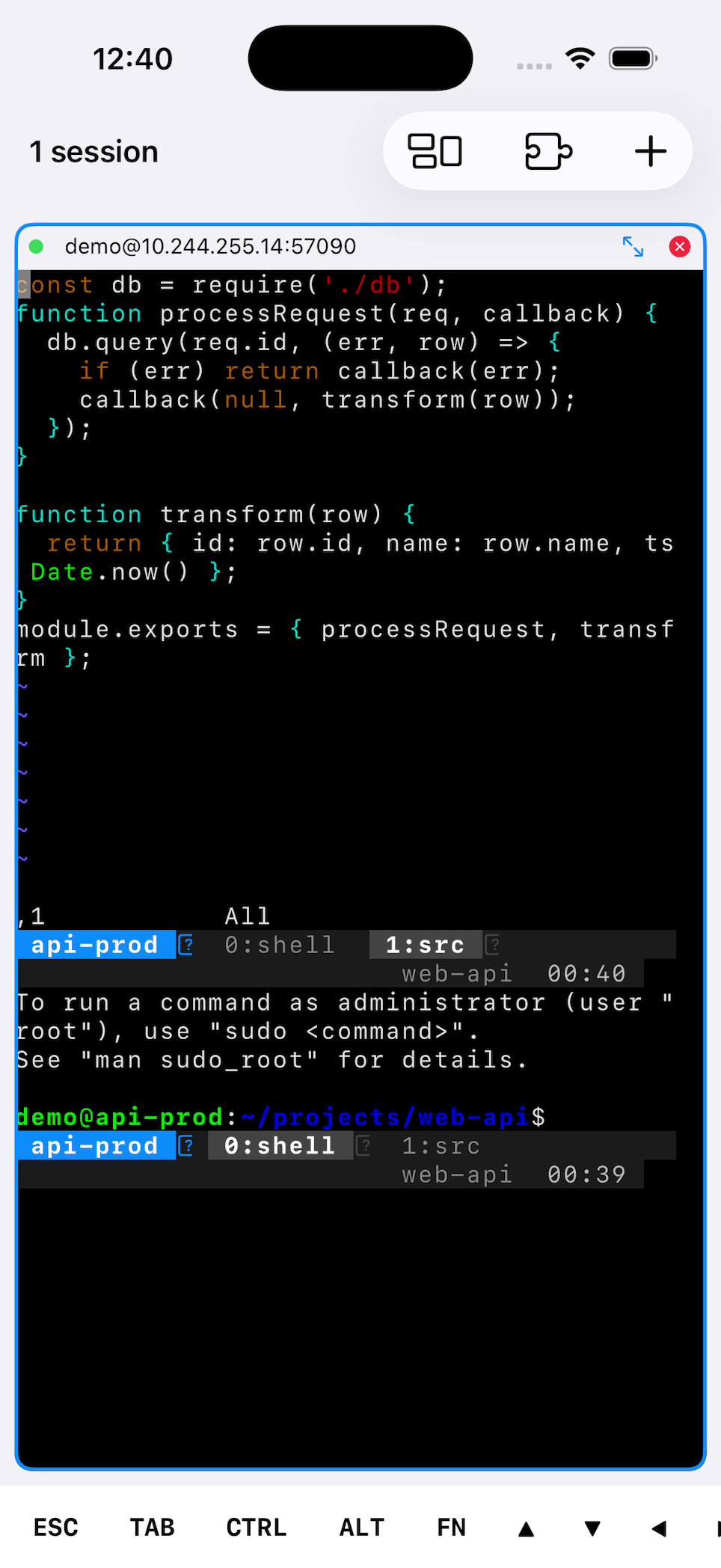 SSH terminal on an iPhone attached to a tmux window showing code in a remote editor.
