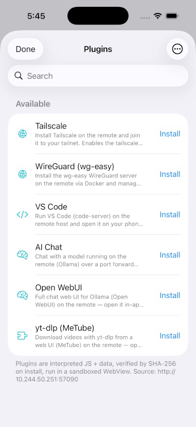 Plugins catalog on an iPhone with Tailscale, WireGuard, VS Code, AI Chat, and Open WebUI available to install.