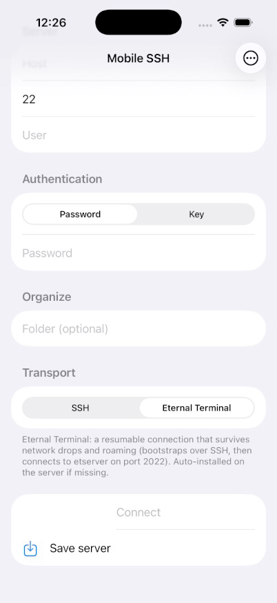Connect form on an iPhone with the transport set to Eternal Terminal so sessions survive network drops.