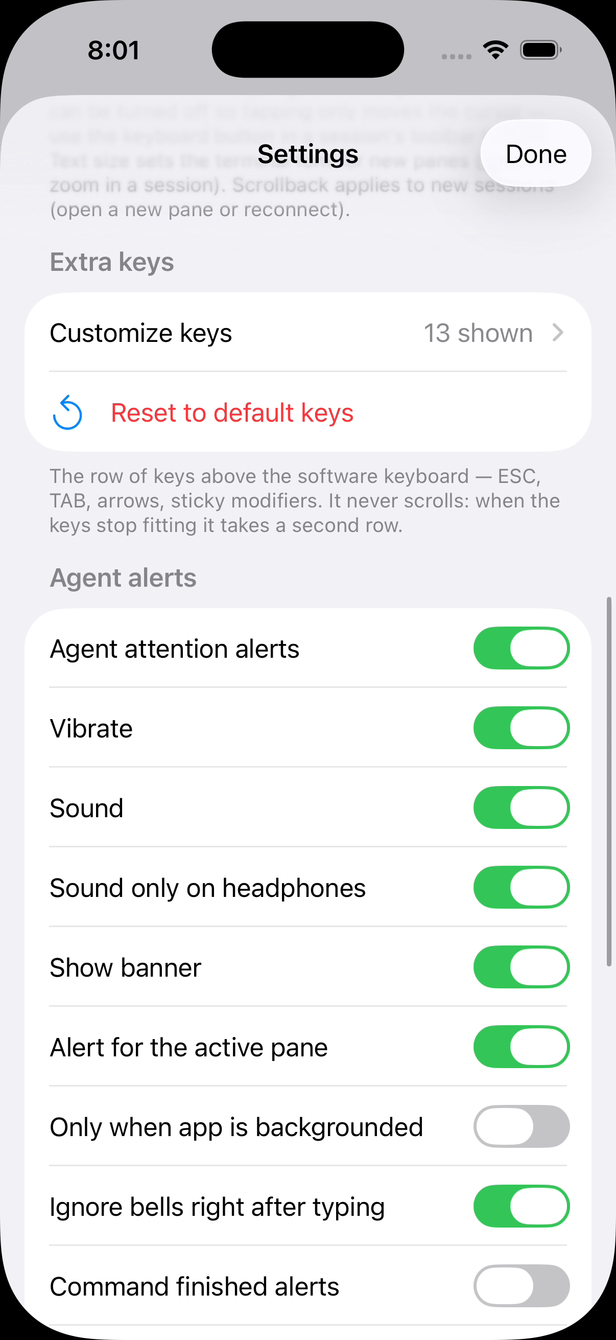 Agent alert settings on an iPhone with vibration, sound, and headphones-only toggles.