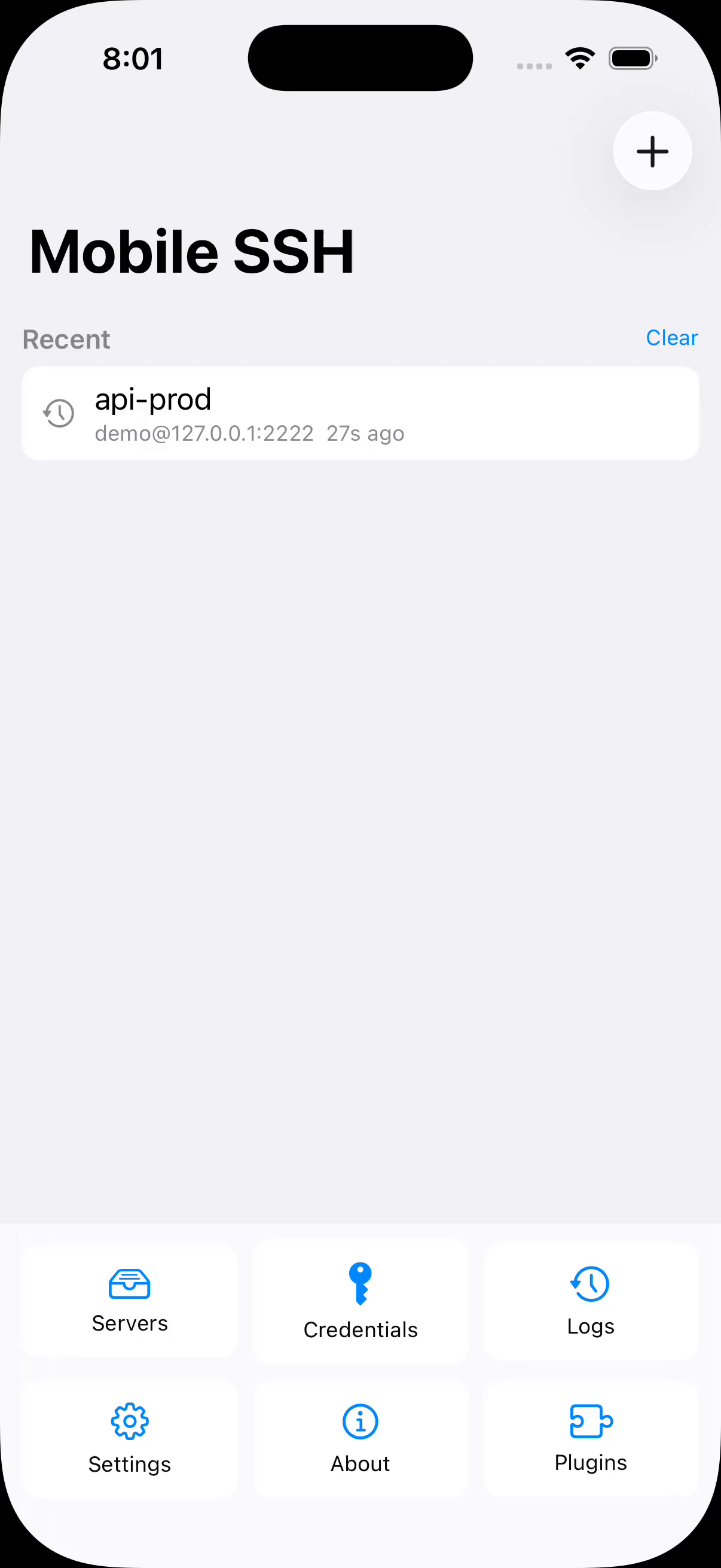 Mobile SSH home screen on an iPhone with a Recent list to reconnect with one tap, above tiles for Servers, Credentials, Logs, Settings, About, and Plugins.