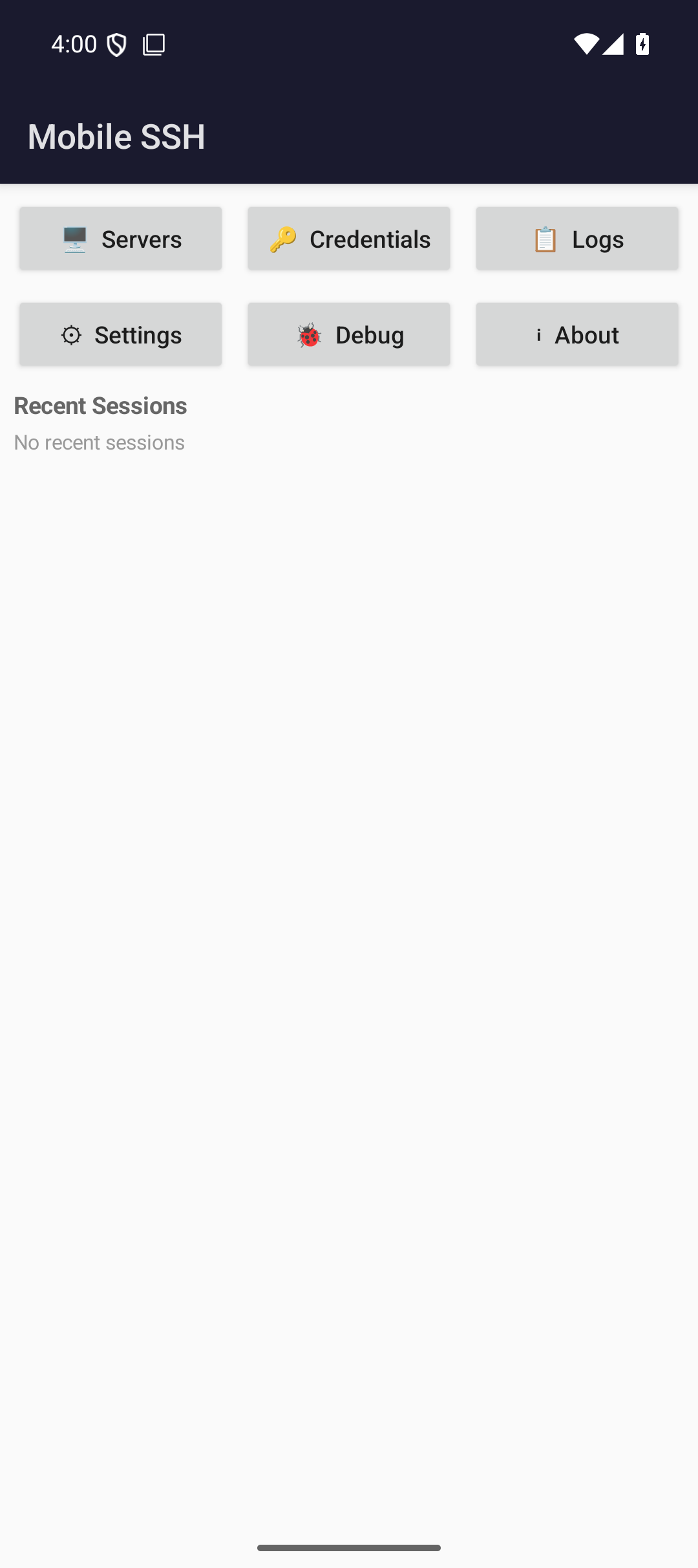 Mobile SSH start screen on a phone with Servers, Credentials, Logs, Settings, Debug, and About tiles.