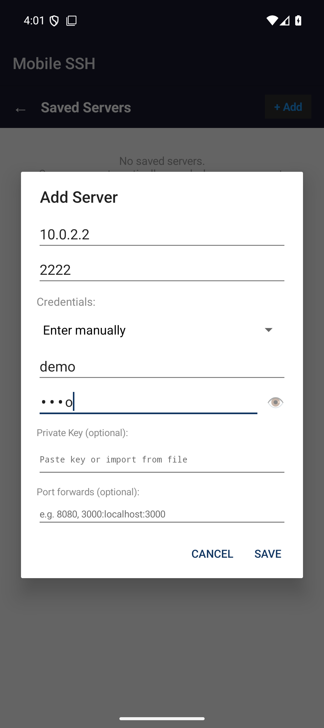 Add Server dialog on a phone showing host, port, credentials, private key, and port forward fields.