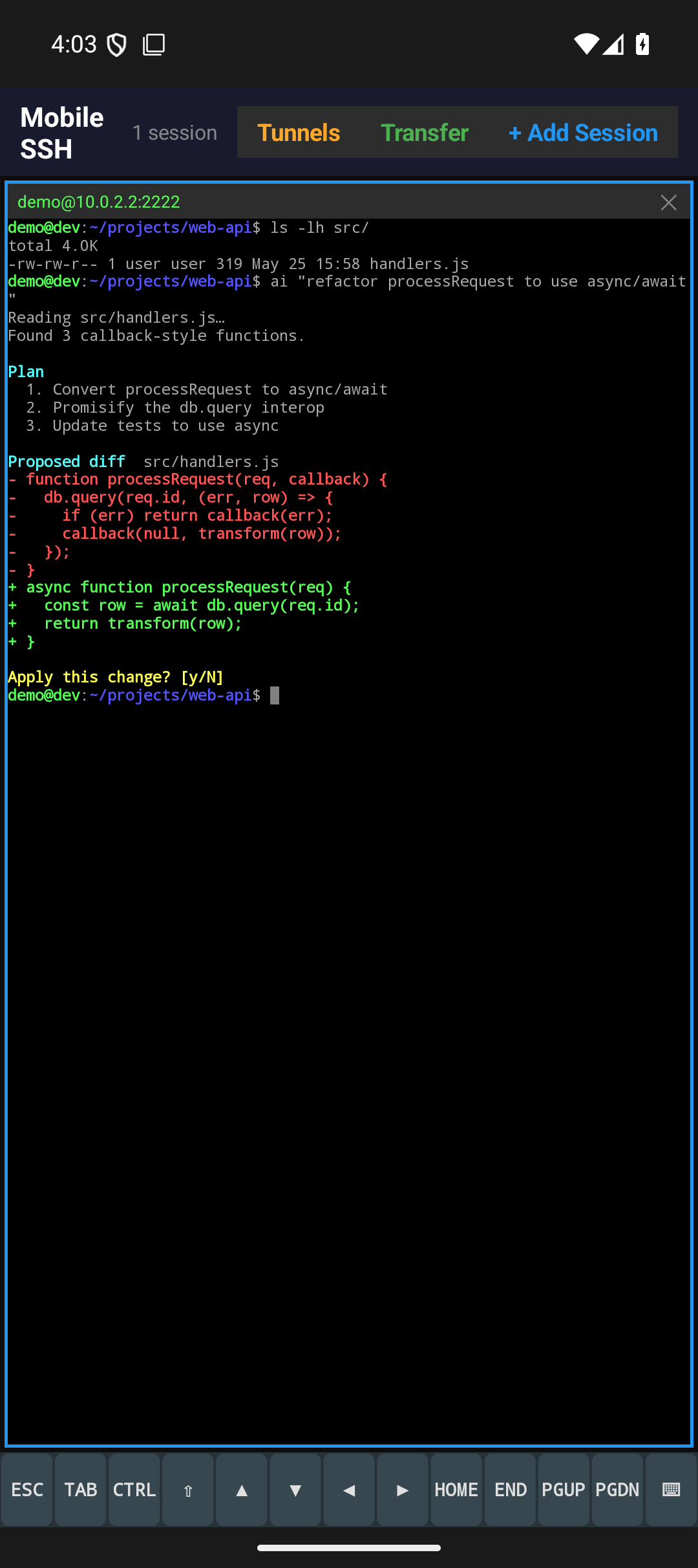 Single-session SSH terminal on a phone with the extra key row at the bottom.
