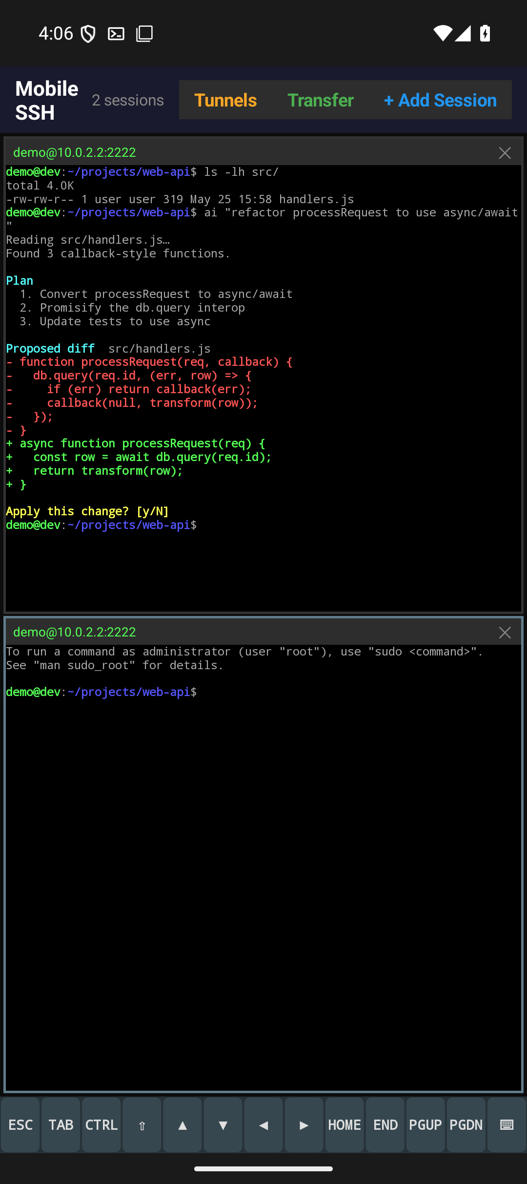 Two SSH sessions stacked vertically on a phone with the active pane highlighted.