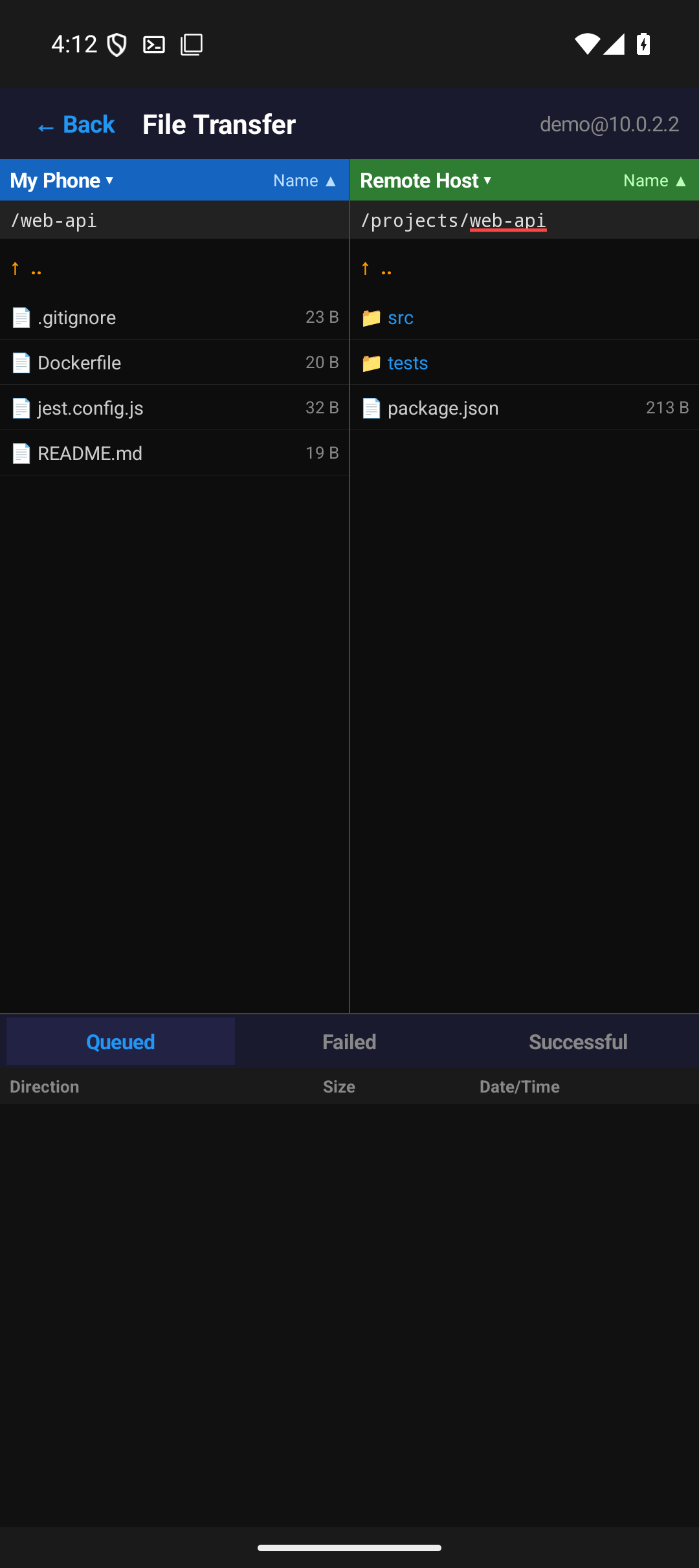 Mobile SSH file transfer screen on a phone with local and remote file panes.