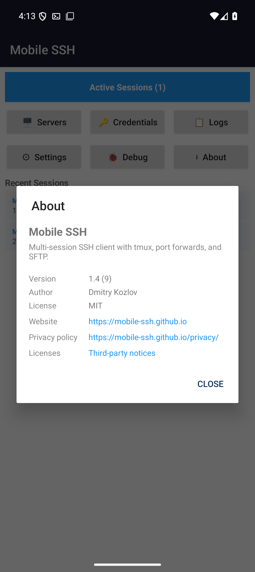 About dialog on a phone showing version, author, license, and website fields.