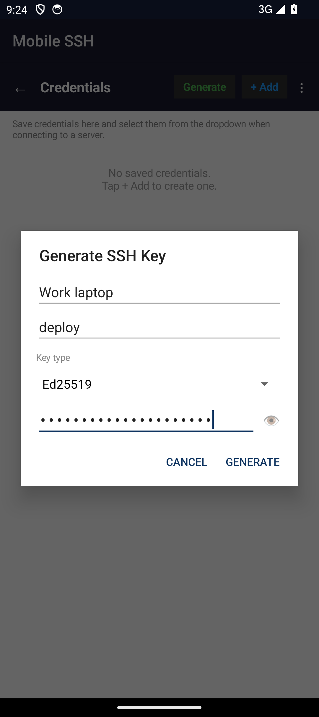 Generate SSH Key dialog on a phone with label, user, key type, and passphrase fields.
