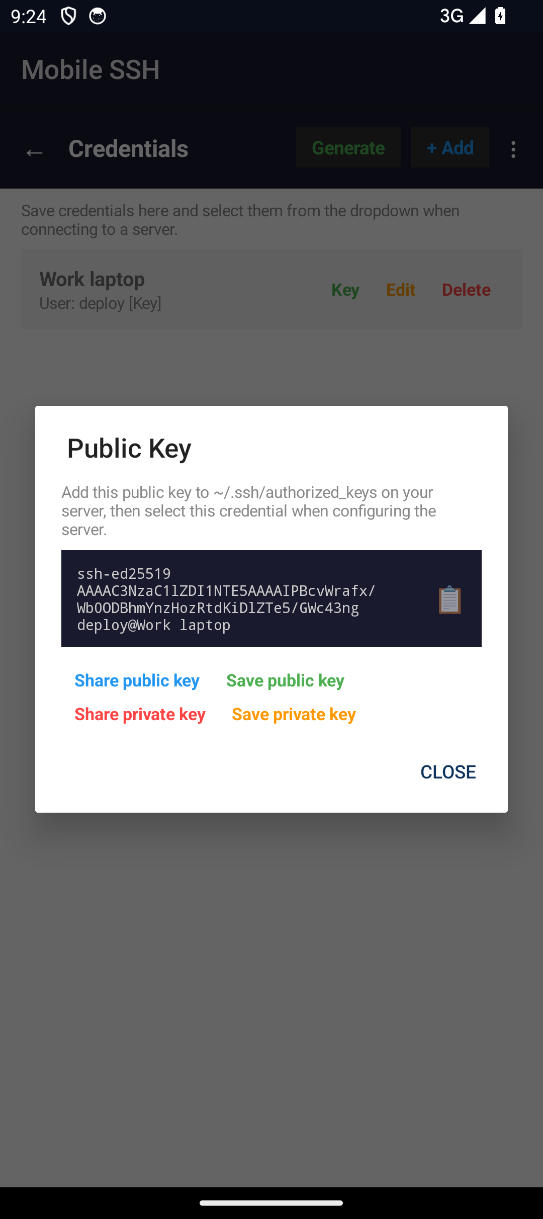 Public Key dialog on a phone showing the generated key with copy, share, and save options.