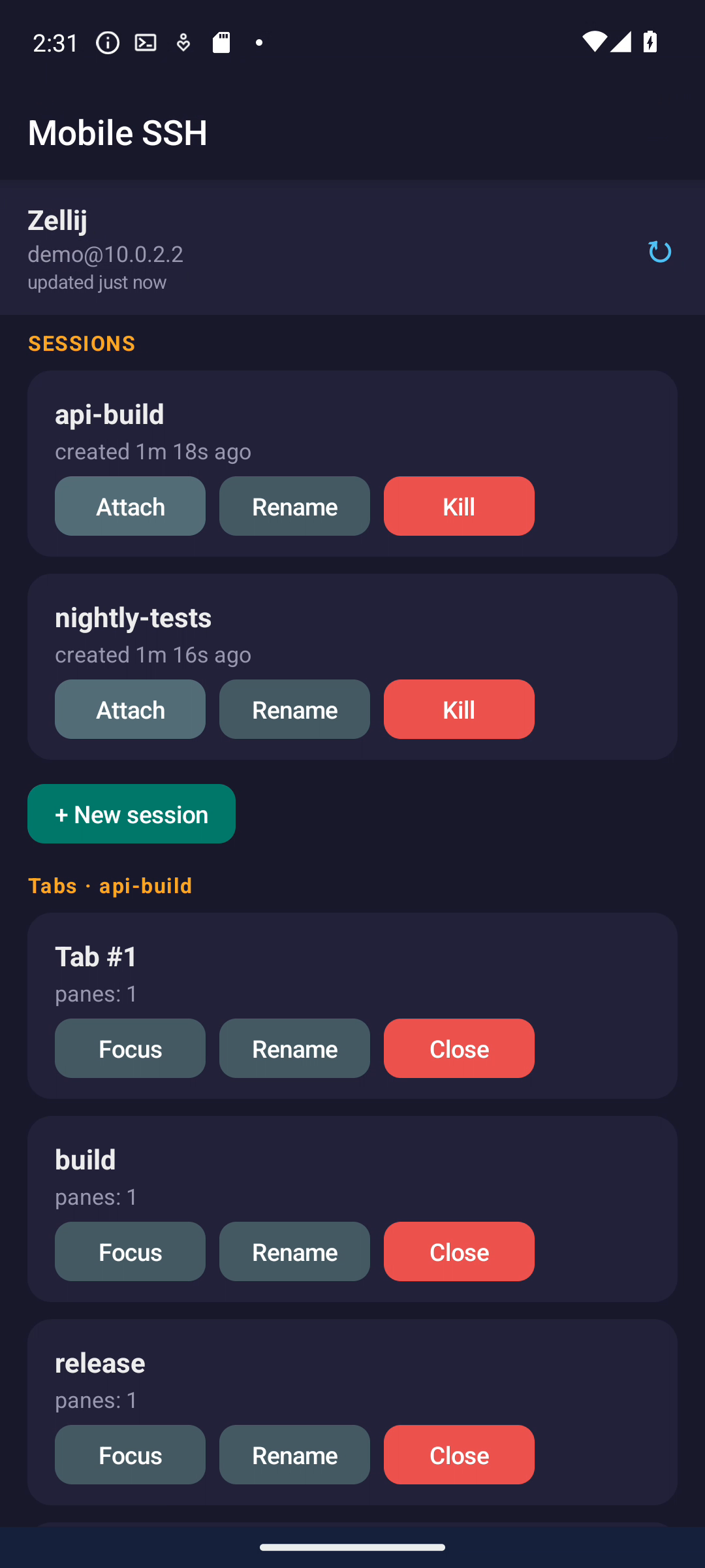 Zellij manager on an Android phone listing sessions, tabs, and panes with buttons to attach, rename, kill, and focus them.