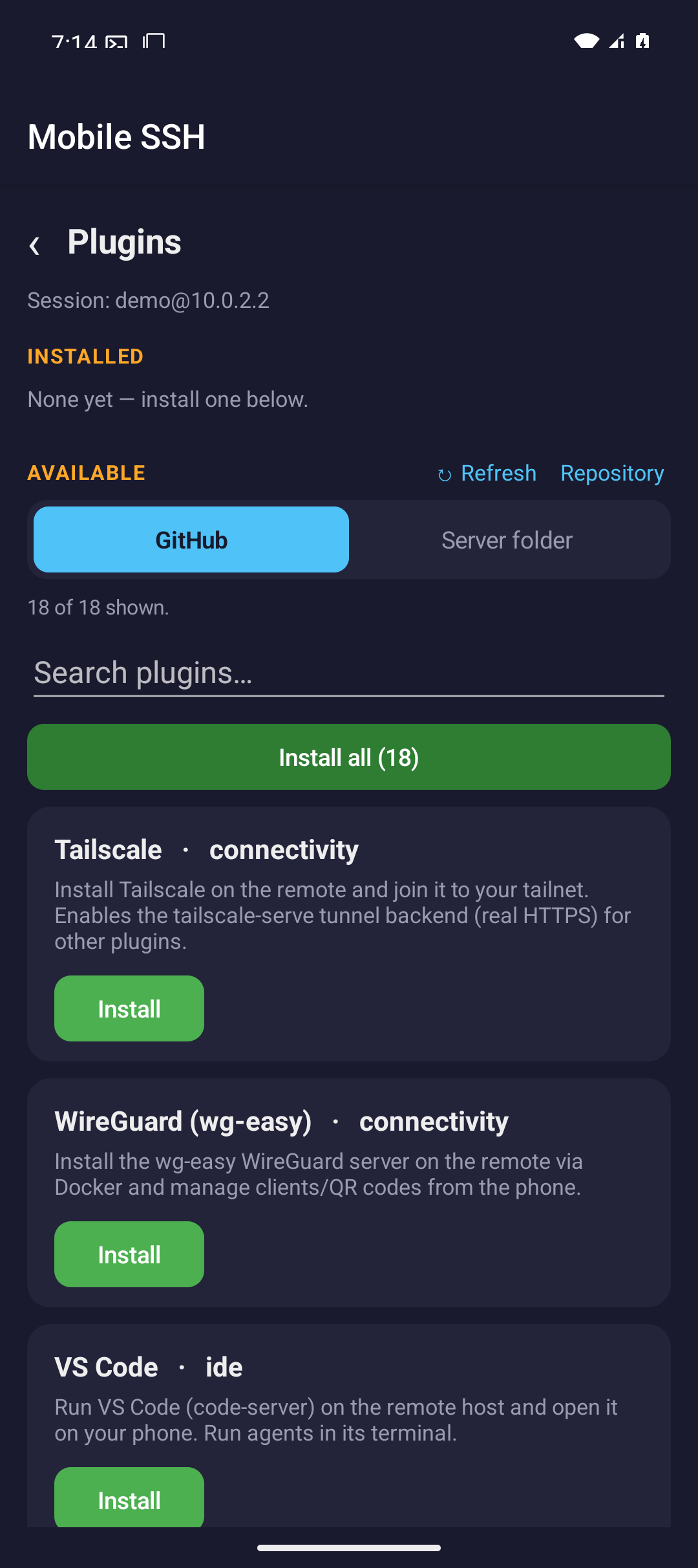 Plugins screen on a phone showing an installable plugin catalog with Tailscale, WireGuard, and VS Code.