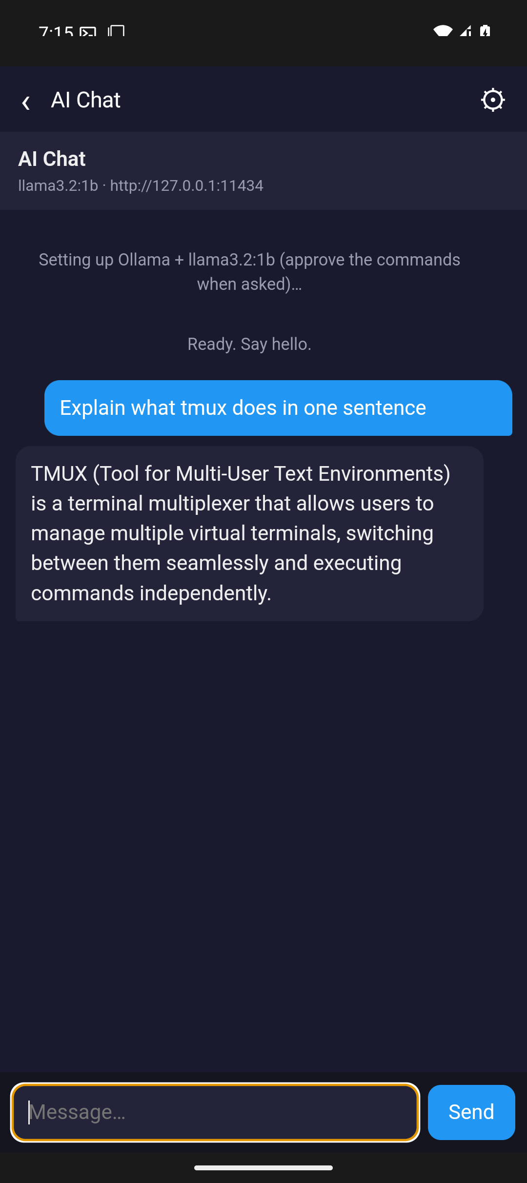 AI Chat plugin on a phone streaming a reply from a local llama3.2 model running on the remote server over SSH.