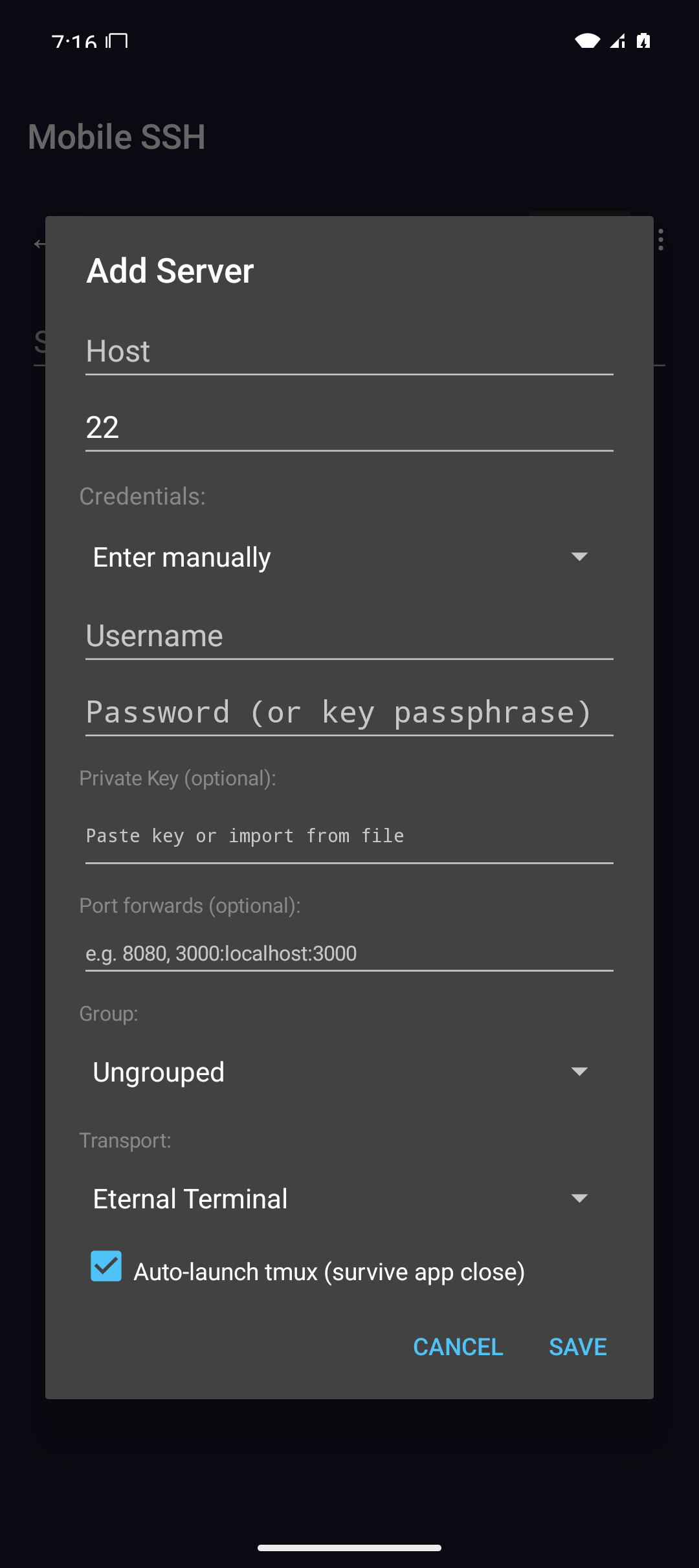 Add Server dialog on a phone with the transport set to Eternal Terminal so sessions survive network drops.