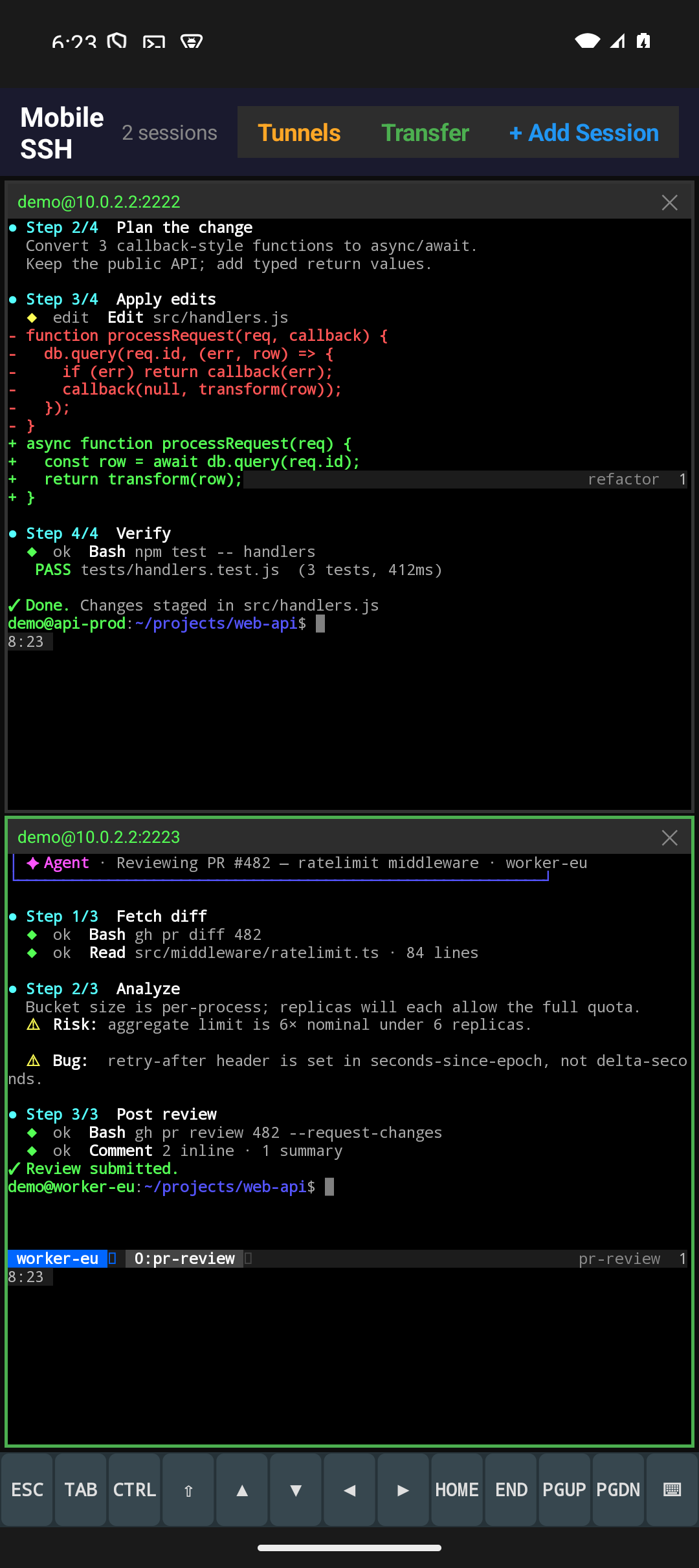 Two stacked SSH sessions on a phone with the active pane highlighted.