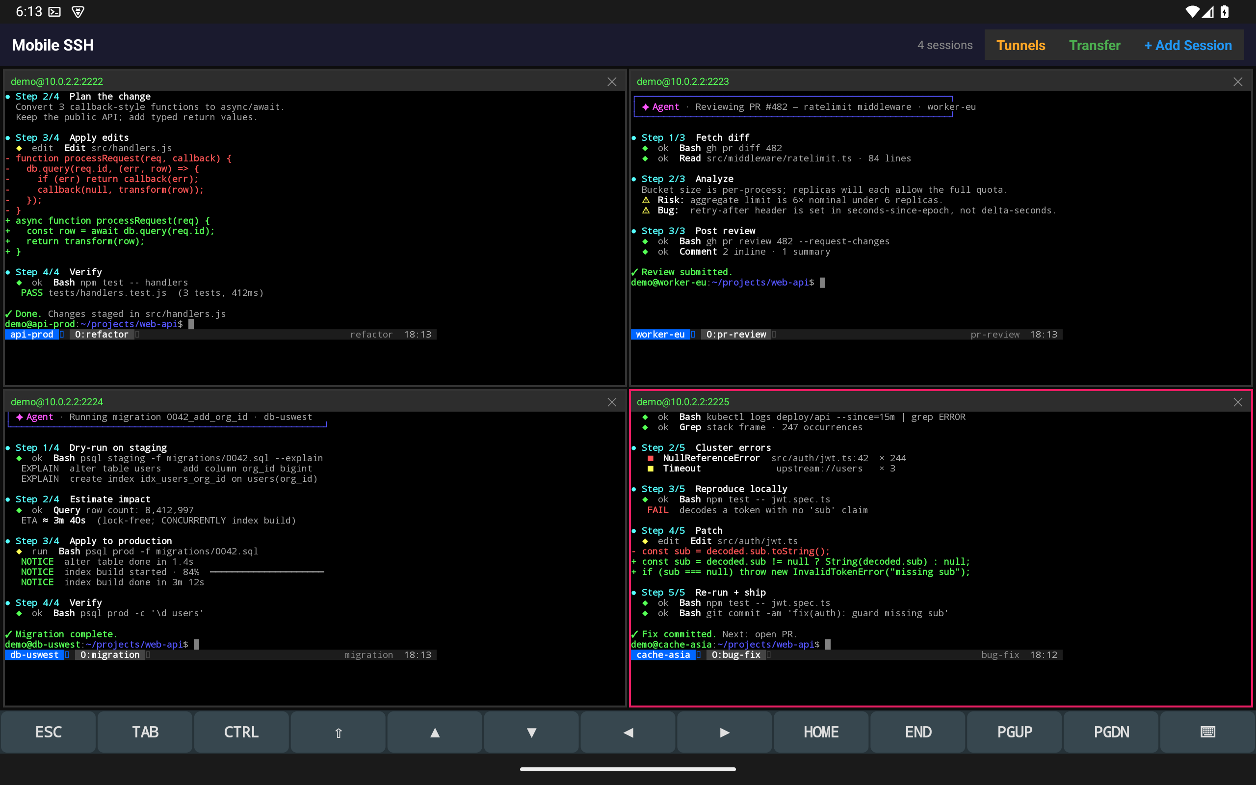 Mobile SSH on a 10-inch Android tablet showing four live SSH terminal panes side by side.